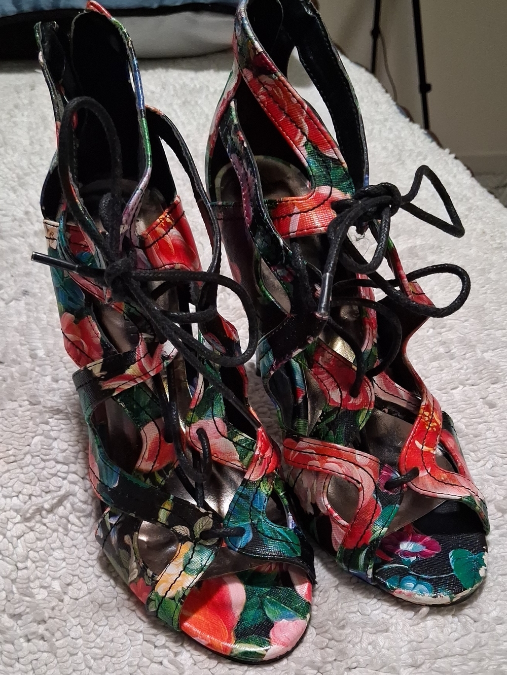 Madden Girl Floral Lace-Up Peep Toe Heels - Red Green Multicolor